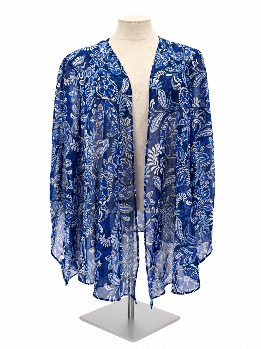 Blair Blue Paisley Sheer Open Front Cardigan Blouse Top Size PXL Cutouts